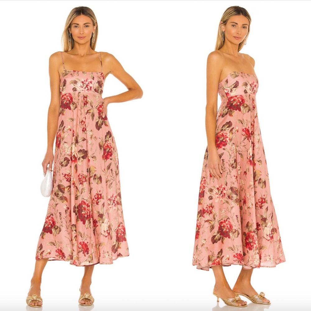 ZIMMERMANN Cassia Floral Print Bandeau Linen Midi Dress